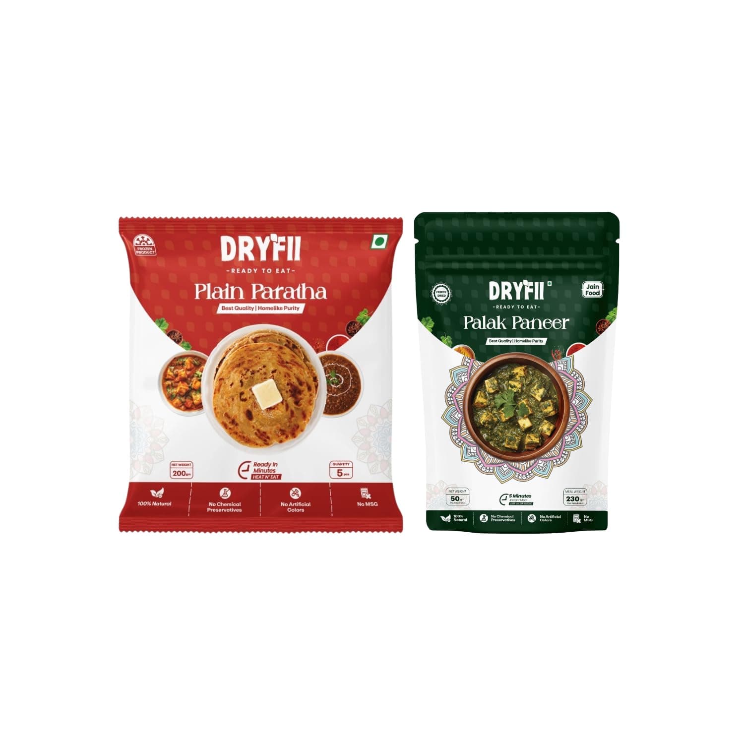 Dryfii Ready to Eat Plain Paratha (5 Pieces, 1 Pack) & Jain Palak Paneer Combo | Freeze Dried | Protein Rich Meal | No Onion No Garlic — image 2