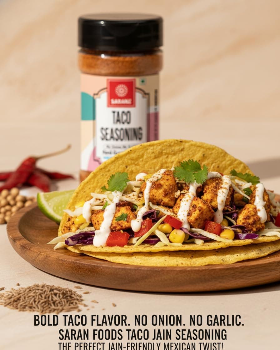 SARANZ Jain Taco Seasoning | No Onion No Garlic Mexican Spice Mix | For Tacos, Burritos, Wraps, Nachos, Fries, Pasta and Snacks | Vegan, Gluten-Free, Dairy-Free | 100g Sprinkler Jar — image 3