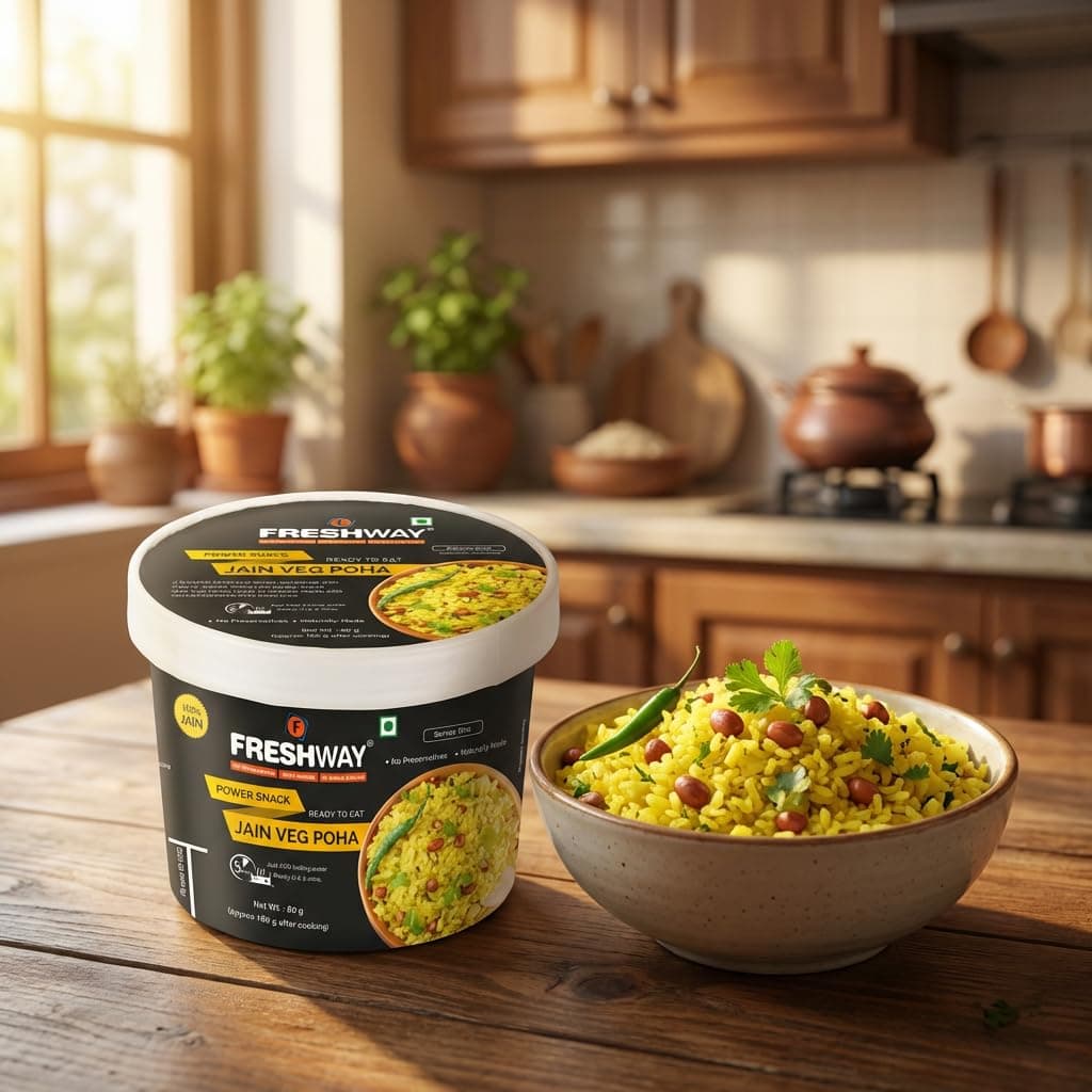 Freshway Jain Veg Poha Quick & Easy Ready to Eat Healthy Snack | 100% Jain No Onion No Garlic No Preservatives | Nutritious & Delicious Breakfast or Anytime Meal | Made with Real Veggies | Lightweight Travel Friendly Ideal for Office Hostel & Travel | Pack of 6 — image 3