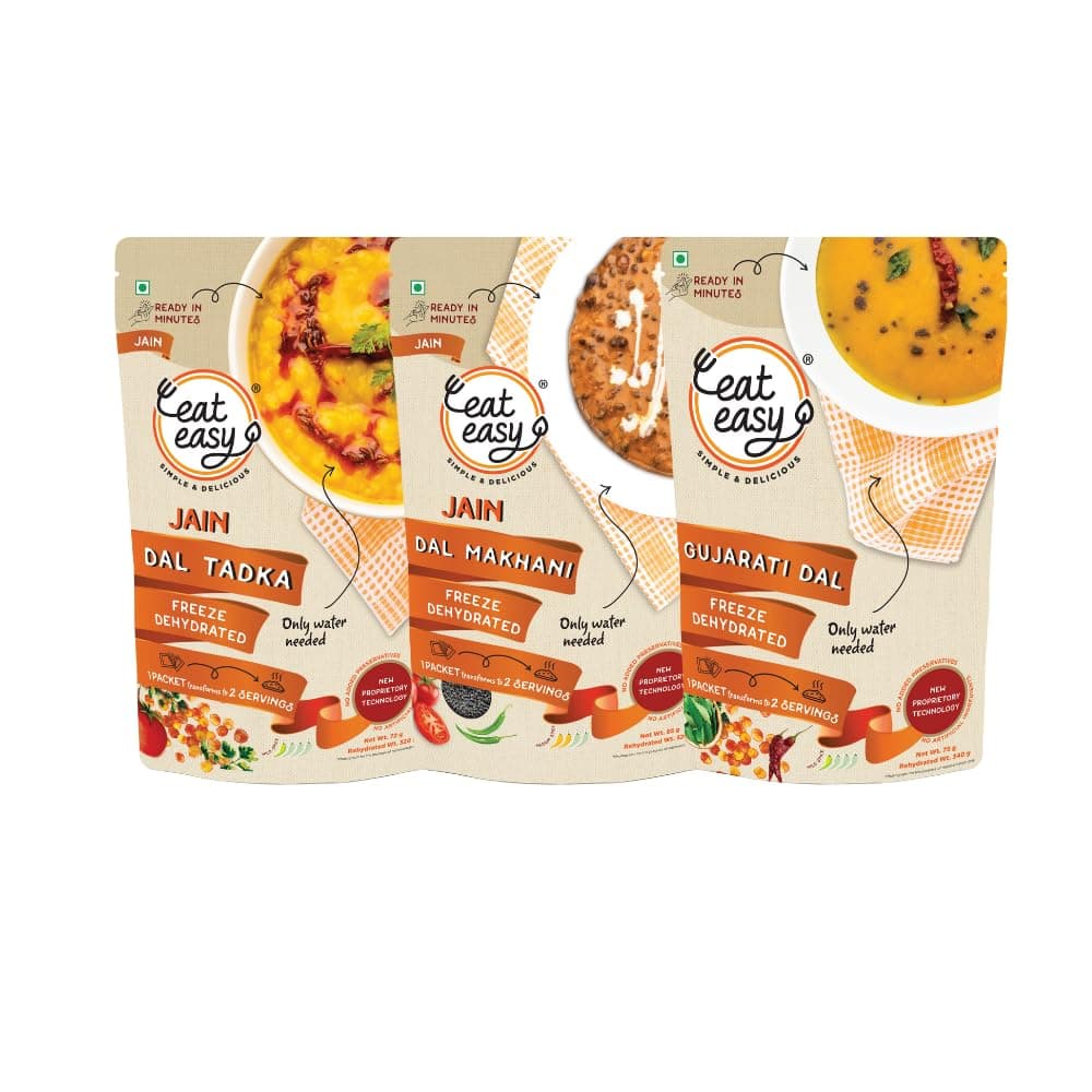 Eat Easy Ready To Eat Jain Dal Combo of 3- Dal Makhani, Dal Tadka, Gujarati Dal | Just Add Water and Cook | Delicious Instant Food | High Protein & Fiber, Freeze Dehydrated Healthy Instant Travel, Camping, Trekking, Hostel Food
