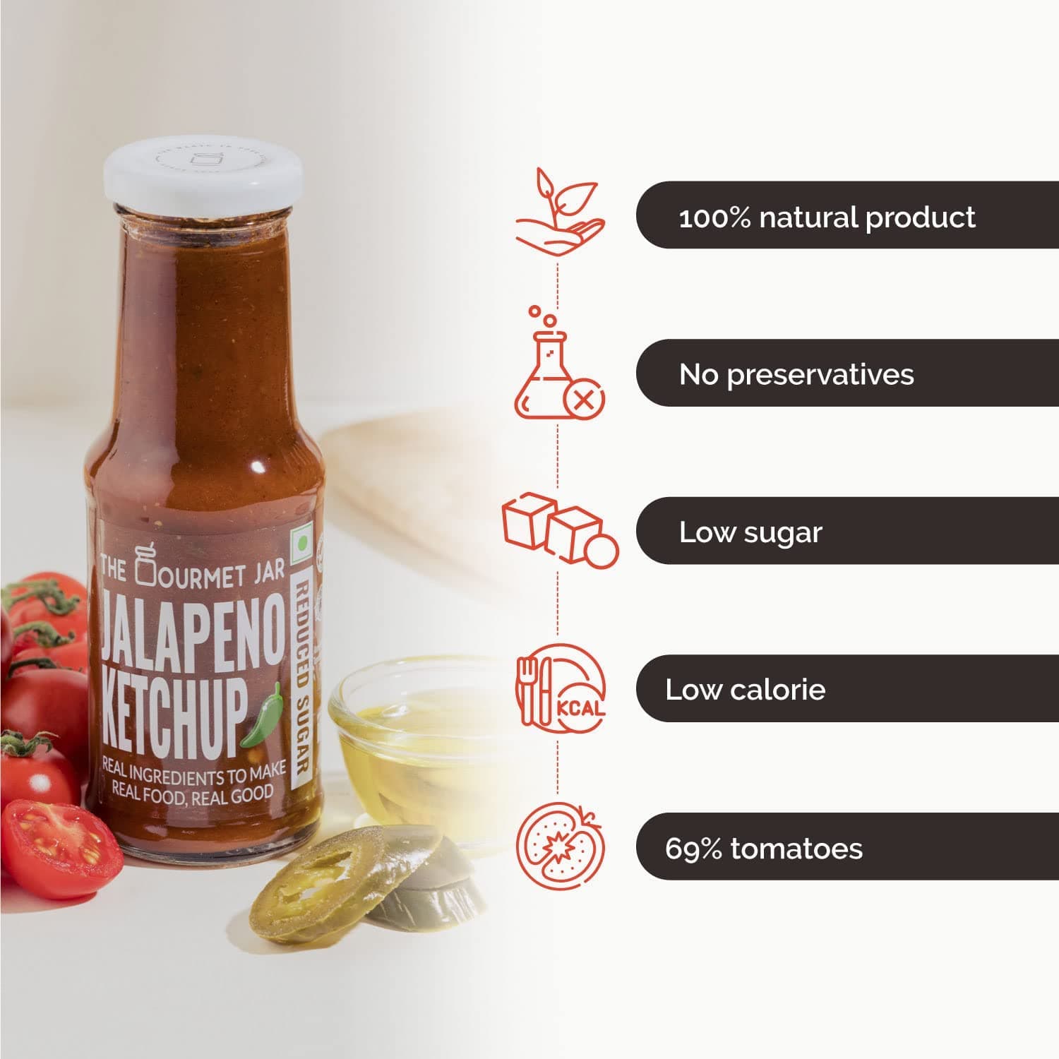 The Gourmet Jar Jalapeno Ketchup 225g| 100% Natural, No Preservatives, No Artificial Colors, No Artificial Flavouring agent| No Refined Sugar| Low Calorie| No-trans-fat| Healthy ketchup| Made with Fresh Tomatoes and Jalapenos| Homemade taste| Hot, Sweet & Spicy| Pack of 1 — image 3