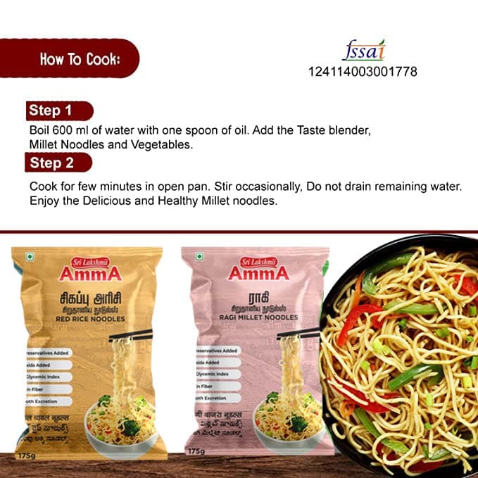 Sri Lakshmi Amma Millet Noodles | (Barnyard, Samba Wheat, Red Rice, Ragi, Proso) | (175 Grams) | Pack of V | Healthy Noodles — image 4