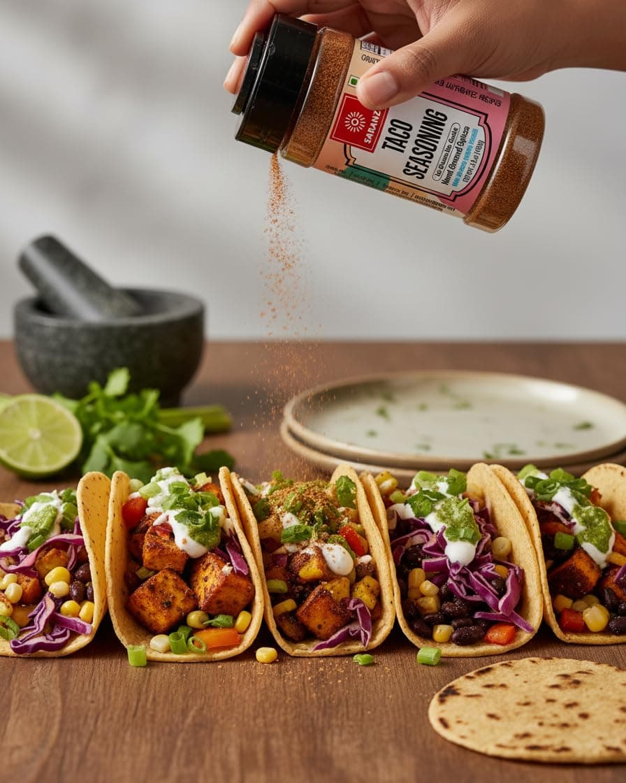 SARANZ Jain Taco Seasoning | No Onion No Garlic Mexican Spice Mix | For Tacos, Burritos, Wraps, Nachos, Fries, Pasta and Snacks | Vegan, Gluten-Free, Dairy-Free | 100g Sprinkler Jar — image 4