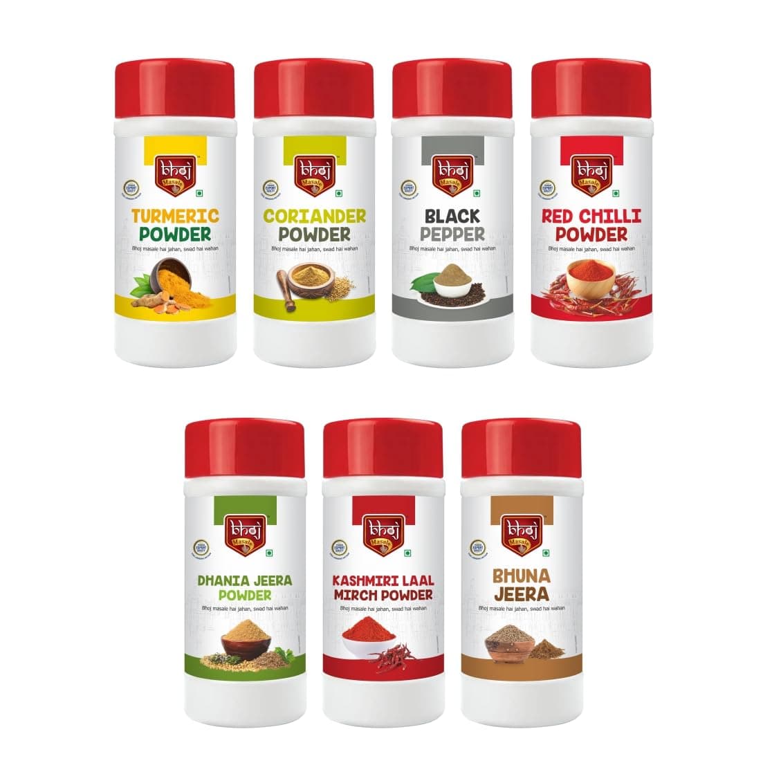Bhoj Masale Haldi, Dhaniya, Black Pepper, Red Chili , Jeera Dhaniya, Kashmiri Lal Mirch , Bhuna Jeera Masala Powder Combo Pack 450 grams each. Gross Total 3 KG 500 grams ( Net 3150gram) | Daily use Masale For Kitchen. No Onion & No Garlic ( Jain Masale) No Colour & No preservatives. — image 2