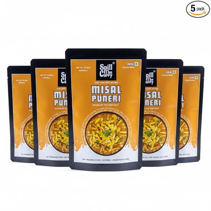 SPILL THE CURRY Puneri Misal Jain Ready to Eat | No Onion No Garlic | Authentic Maharashtrian Misal | Freeze-Dried Instant Meal | Pure Ghee, No Preservatives, MSG-Free | Travel & Hostel Friendly | Combo Pack of 5 (55g Each)