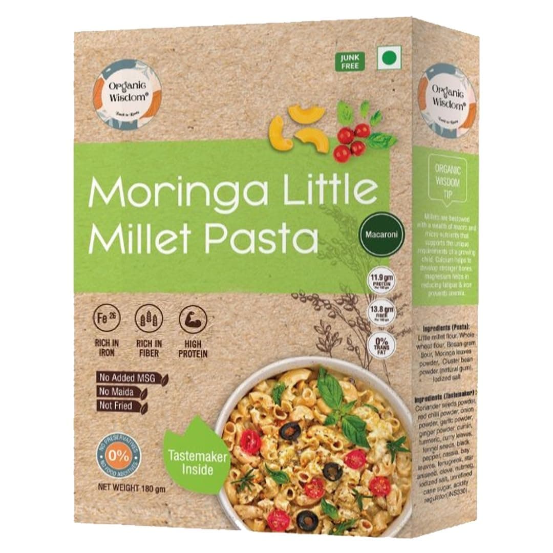 Organic Wisdom-Back to Roots Moringa Little Millet Macaroni, 180 g | Millet Pasta | No Maida, No MSG, No Refined Oil |Rich in Vitamin B & Antioxidants | No Maida, No MSG