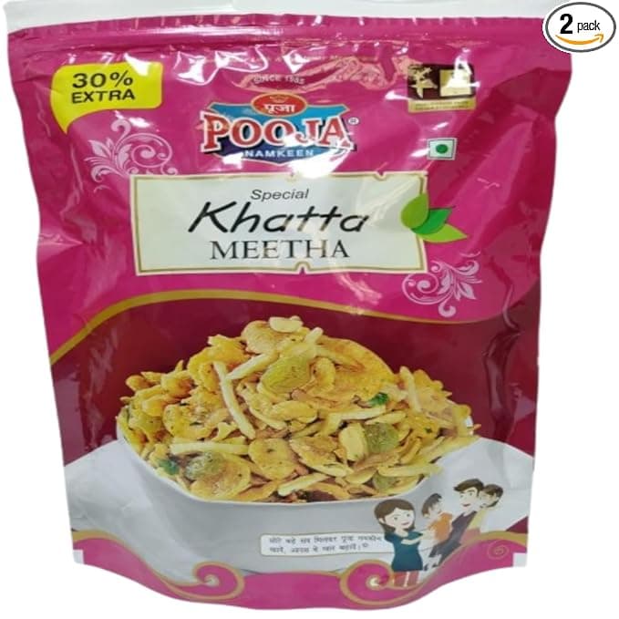 POOJA Khatta Meetha Namkeen Mixture – Roasted Indian Snack | No Onion No Garlic | Crispy & Healthy | Sweet & Tangy Flavor | Vegetarian | Pack of 2 (360g Each)