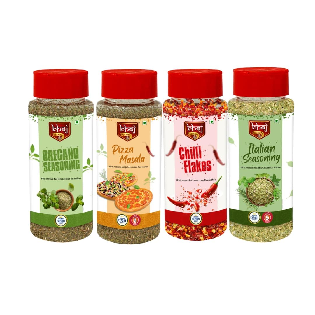 Bhoj Masale Oregano Seasoning + Pizza Masala + Chilli Flakes + Italian Seasoning - COMBO PACK OF 4 Jain Seasonings Sprinklers — image 2