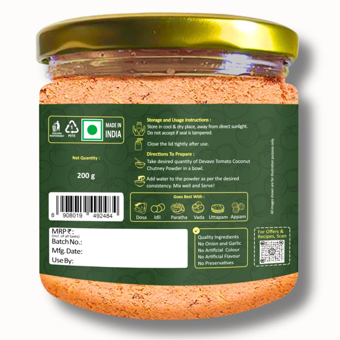 Devavo Tomato Coconut Chutney Powder | Just Add Water to Prepare | Authentic South Indian Recipe | No Onion & Garlic | No Artificial Colour & Flavour | No Preservatives (200 g) — image 8