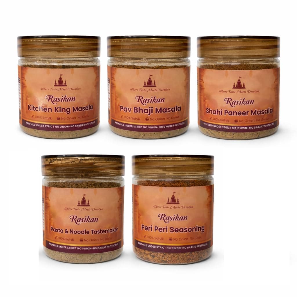 Rasikan Jain Satvik Masala Combo – Peri Peri, Kitchen King, Pasta Noodle, Pav Bhaji, Shahi Paneer(400g) | No Onion No Garlic | Freshly Ground Small Batch Spices | No Added Colour or Preservatives | Perfect for Bhog, Satvik & Everyday Cooking — image 2