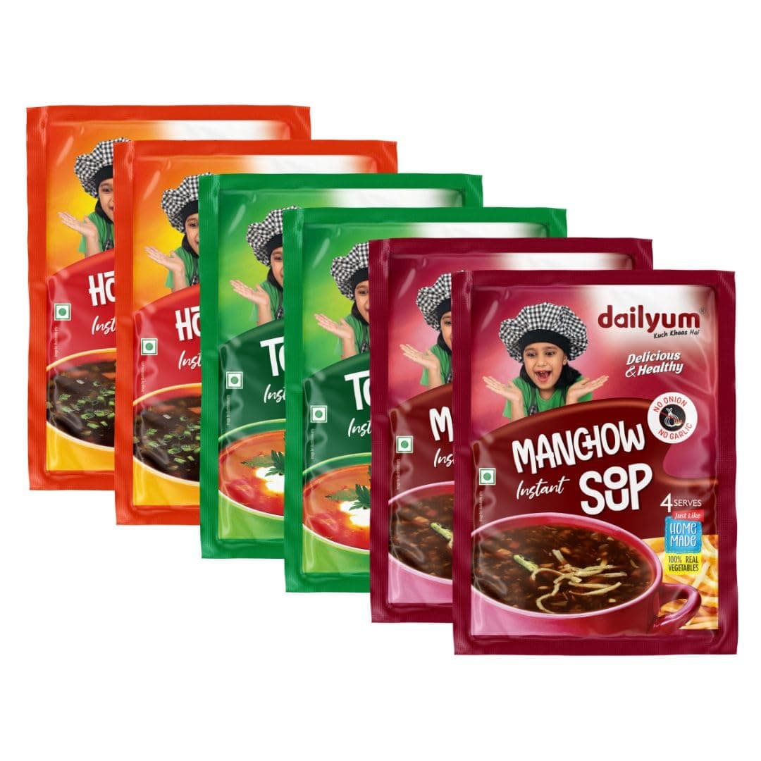 Dailyum Instant Soup Combo Of 6 | No Onion Garlic | 2 Manchow Soup | 2 Tomato Soup | 2 Hot N Sour Soup | Natural | No MSG | Jain | 50g Each — image 2