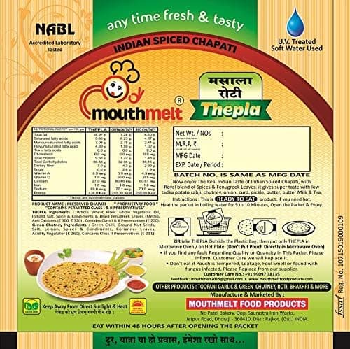 Mouthmelt Jain Special Thepla Pack of 4 | Ready to Eat,Rosted, Not Fried | without Garlic & Ginger | 3 Month Shelf Life- Free Green Chutney - Gujarati Snack (200G x 4 Packets, 6 pcs in 1 pack) - 800 Grams — image 2