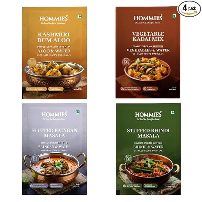 Hommies Curry Spice Combo | Kashmiri Dum Aloo, Vegetable Kadai, Stuffed Baingan Masala & Stuffed Bhindi Masala | Ready to Cook | Just Add Veggies & Basics | Serves 4 Each | No Preservatives | Vegetarian| Pack of 4 (50g Each, Total 200g) (Combo of 4-4)
