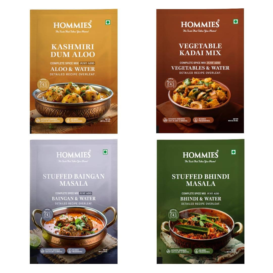 Hommies Curry Spice Combo | Kashmiri Dum Aloo, Vegetable Kadai, Stuffed Baingan Masala & Stuffed Bhindi Masala | Ready to Cook | Just Add Veggies & Basics | Serves 4 Each | No Preservatives | Vegetarian| Pack of 4 (50g Each, Total 200g) (Combo of 4-4) — image 2