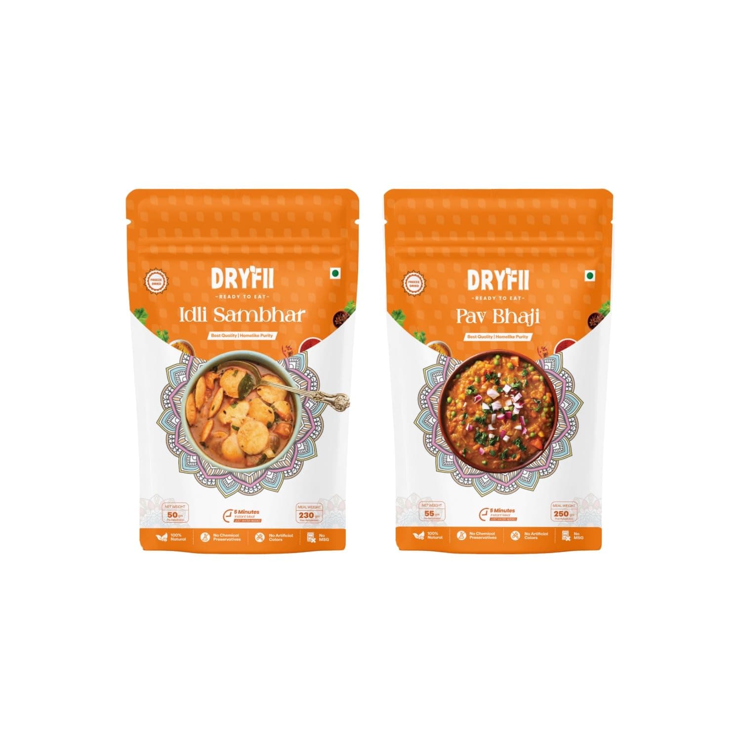 Dryfii Ready to Eat Idli Sambhar | South Indian Instant Breakfast | No Preservatives | Freeze Dried | Healthy & Tasty | Travel Friendly Veg Meal (50g Makes 230g)