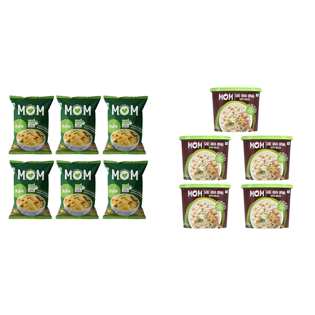 MOM - Meal of the Moment, Poha Pouch, 80/60 gm (Pack of 6) - Ready to Eat | Instant Food | No + MOM - Meal of the Moment, Ghee Rava Upma with Bhujia, 75g (Pack of 5) - Ready to Eat | Instant