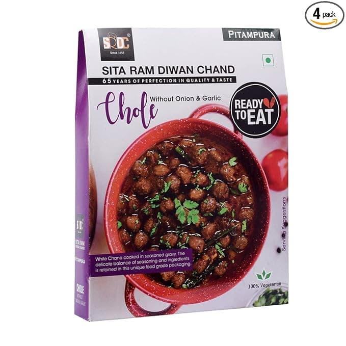 Sita Ram Diwan Chand Ready To Eat Chole Without Onion and Garlic 300 Gram each | No Preservatives | No Artificial Flavors | 100% Natural Ingredients & Vegetarian | Tasty Snacks - Pack of 4