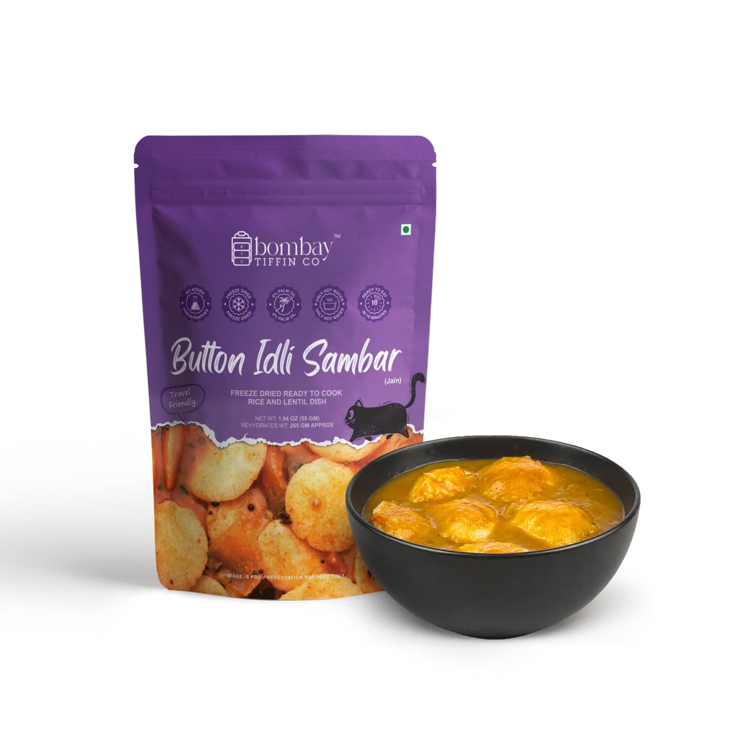 BOMBAY TIFFIN CO Freeze Dried Ready to Cook Button Idli Sambar - JAIN | 100% Natural, No Additives, Ready under 10 minutes (60g)