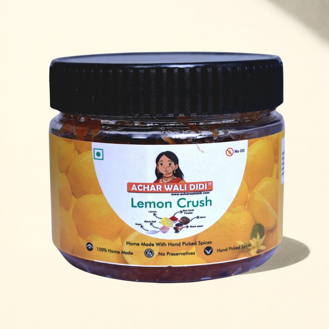 Achar Wali Didi Lemon Crush Pickle Khatta-Meetha in Fresh Homemade Oil-Free Nimbu ka Achar with No Onion or Garlic Traditional Lemon Chunda Style Sweet & Sour Pickle No Chemical Preservatives (300g)