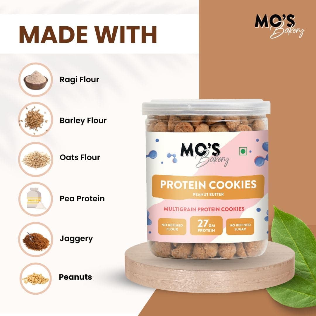 Mo’s Peanut Butter Protein Cookies – 150g | 27 G protein per 100g serve | Mini Cookies | Multigrain, Plant-Based Snack with Ragi, Oats, Barley & Jaggery | No Refined Sugar — image 3