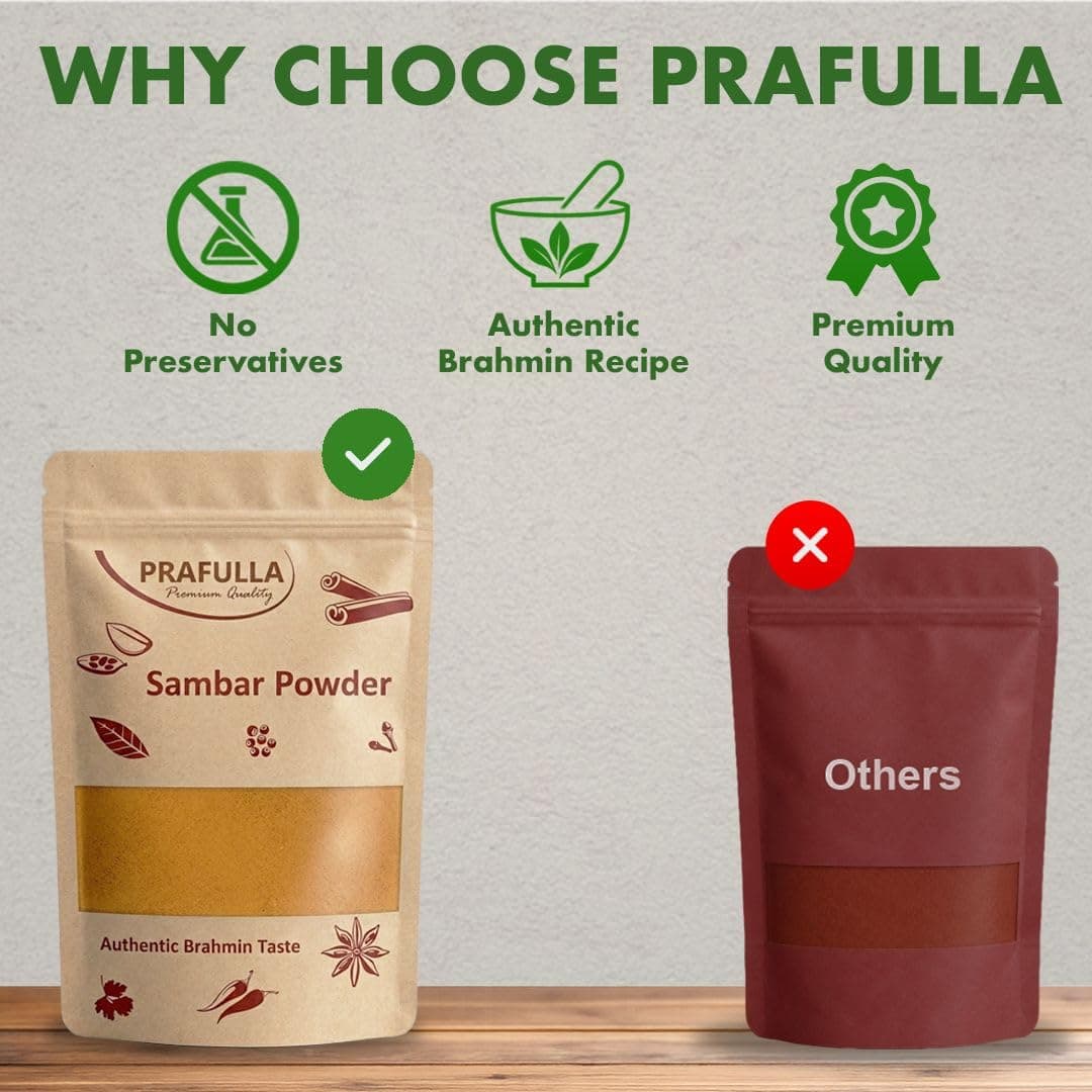 PRAFULLA Sambar Powder | Authentic Brahmin Taste Traditional South Indian Masala | Pure Vegetarian No Onion No Garlic Sambhar Spices Blend | Everyday Curry Cooking Premium Quality — image 4