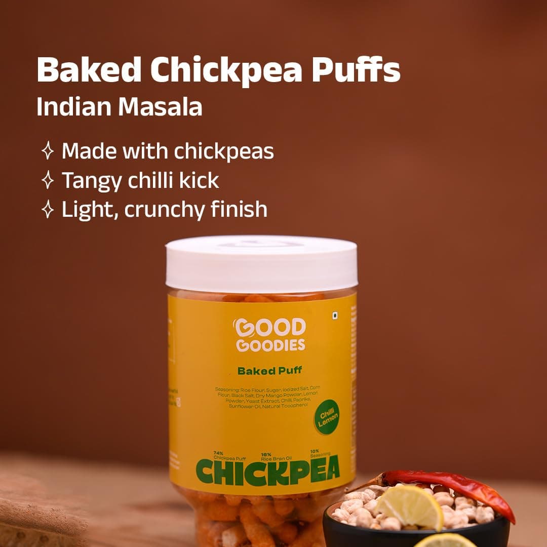 Good Goodies Baked Chickpea Puff Chilli Lemon | Baked Not Fried | Chickpea-Based Snack | No Maida, No Palm Oil, No Maltodextrin | No Artificial Colours or Preservatives | Light & Crunchy | Diet-Friendly | 125g | Pack of 1 — image 6