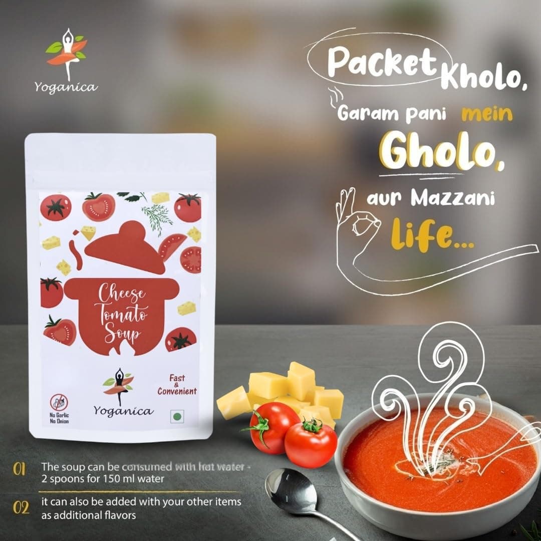 Yoganica Cheese Tomato Soup Premix 100g x 2 (20 Servings) | No Onion No Garlic Pure Veg Instant Powder | Ready-to-Cook Creamy Tomato Soup Mix | Winter Hot Snack | Quick Meal for Home, Office & Travel — image 4