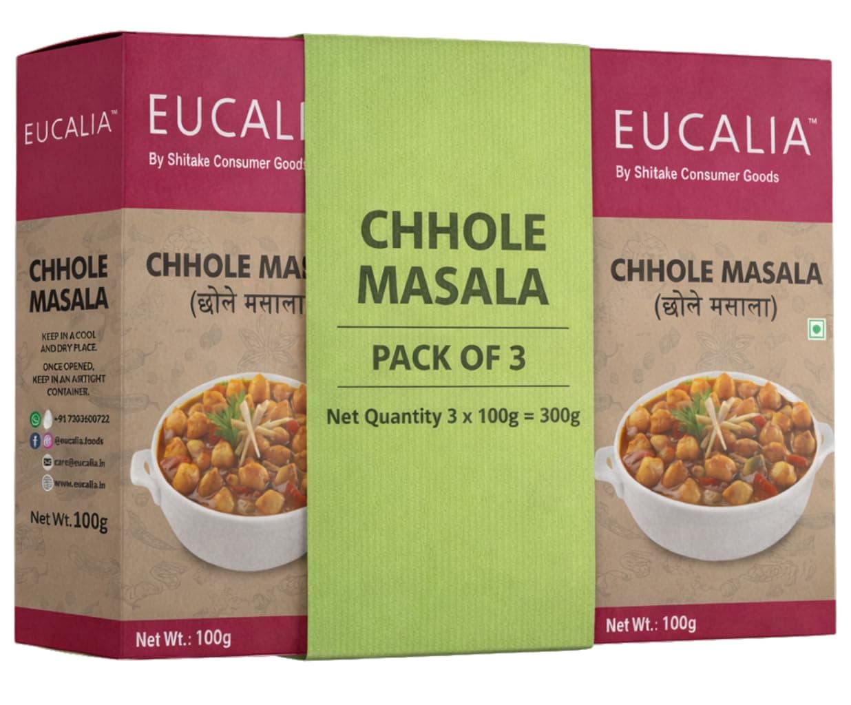 EUCALIA Chhole Masala Pack of 3 (100g) | Perfect for Chickpea Dishes | Tangy, Spicy & Aromatic Authentic Spice Blend for Chole, Chana Masala & Curries | No Preservatives | Sattvik No Onion No Garlic (NONG) — image 2