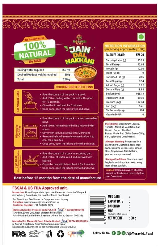 MOSAMBI FEAST Ready to Eat Jain Dal Makhni | Zero Preservatives | Rich & Creamy — image 2