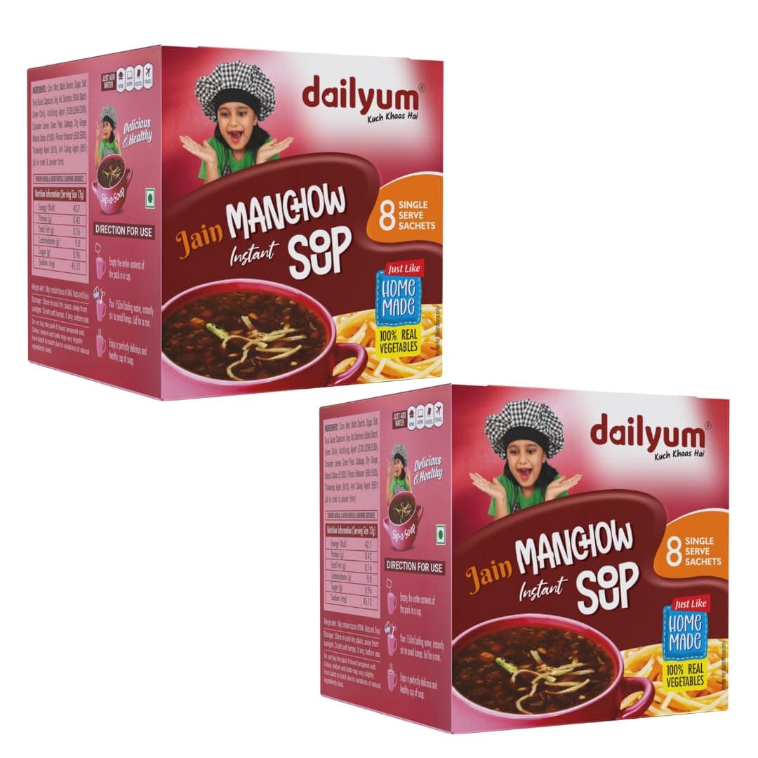 Dailyum Jain Instant Manchow Soup| 8 Single Serve Sachets | Just Boil-Stir-Sip | 12g Each Sip-A-Soup| Natural | No MSG | Pack of 2 Box | Travel friendly — image 2