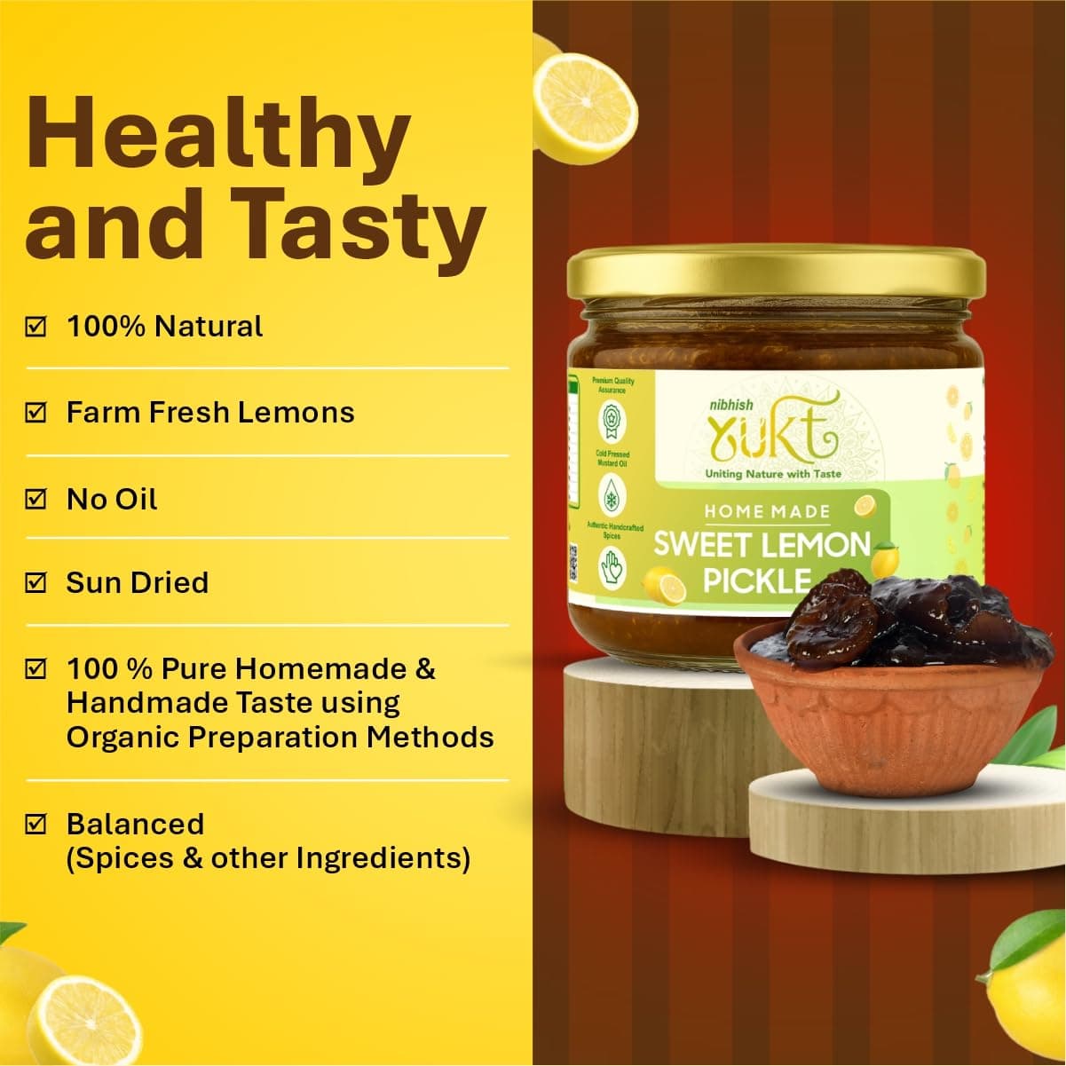 NIBHISH Yukt pickle Khatta Meetha Sweet Lemon Pickle | Sweet & Tangy Homemade Delight | Oil-Free, No Onion or Garlic | Traditional Chunda-Style Nimbu Ka Achaar with Grandma's Authentic Taste | Handmade Using Organic Preparation Methods | 100% Natural & Pure | Glass Jar — image 4