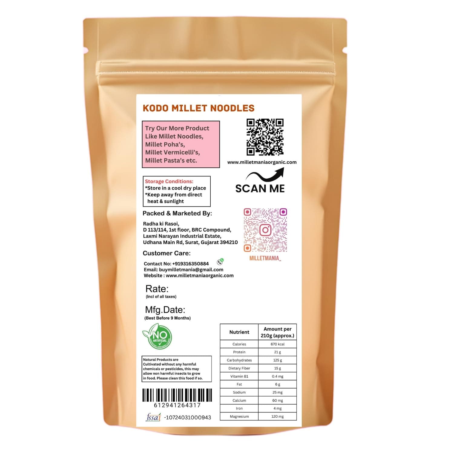 Millet Mania Kodo Millet Noodles | Nutrient-Packed, Gluten-Friendly & High-Fiber Instant Noodles with Traditional Taste | Healthy, Quick-Cooking Snack for Kids, Adults & Seniors | 210g (Pack of 1) — image 2