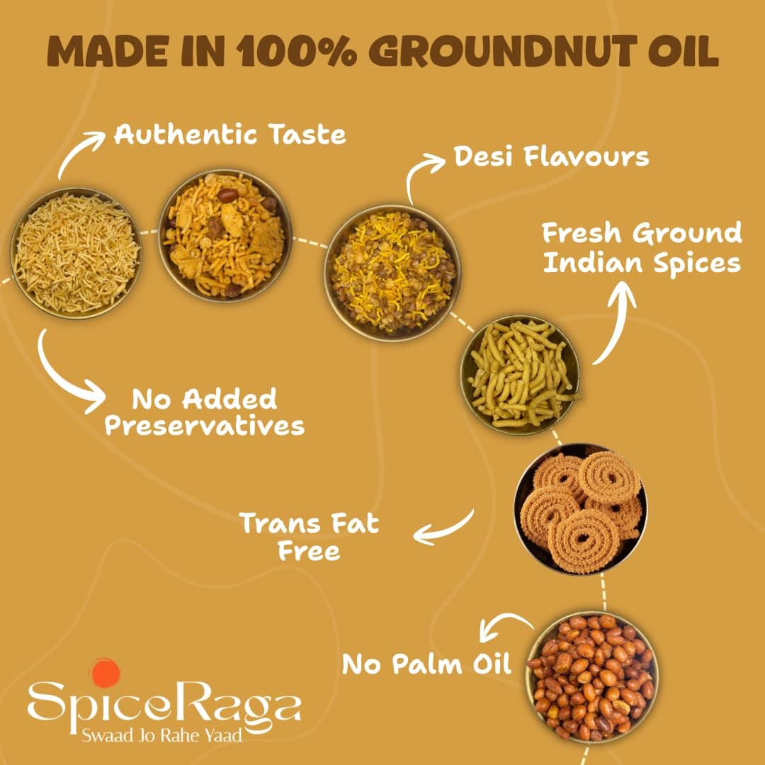 SpiceRaga | Bikaneri Bhujia, Dalmoth, Mix Namkeen, Hing Masala Peanuts, Bhajni Chi Chakli, Crunchy Sev (Pack of 6)| Made With Pure Groundnut Oil | No Palm Oil | No Trans Fat | Indian Snacks Combo | Total 920g | — image 7