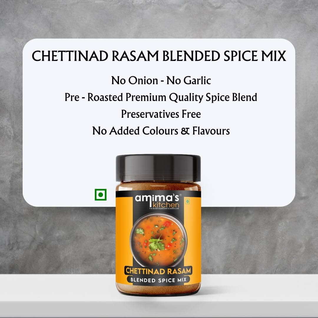 Amima's Kitchen Combo Of Bisi Bele Bhaat + Chettinad Rasam Jain Spice Mix (No Onion No Garlic) – 100 Grams (Pack of 2) | Blended Spice Mix | For Healthy and Delicious Cooking | No Synthetic Flavour & Color | Ready Masala Powder — image 9