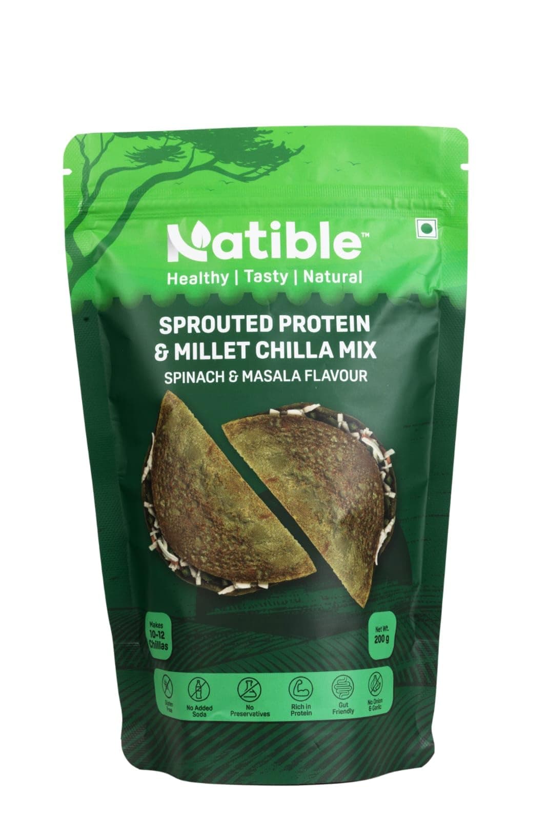 Natible Sprouted Protein & Millet Chilla Dosa Mix (Spinach Masala) Instant Breakfast Meal I Gluten Free I High Protein I No Onion No Garlic I Suitable for Kids & Adults I Travel Friendly 200g