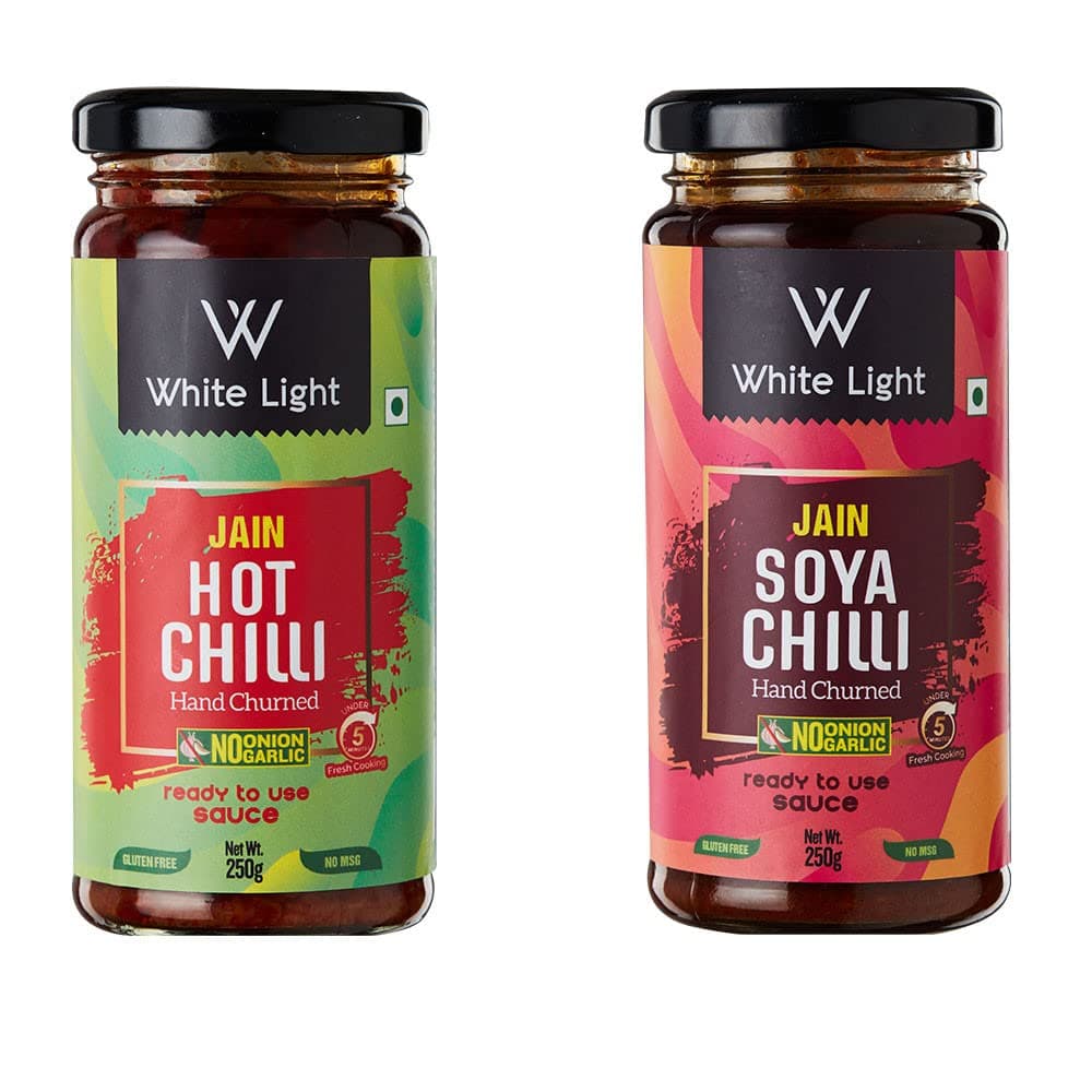 White Light Food Jain Hot Chilli Sauce and Jain Soya Chilli Sauce l Vegan and Natural Ingredients l Ready to Eat Healthy Food (Combo Pack of 2, 250gm Each)