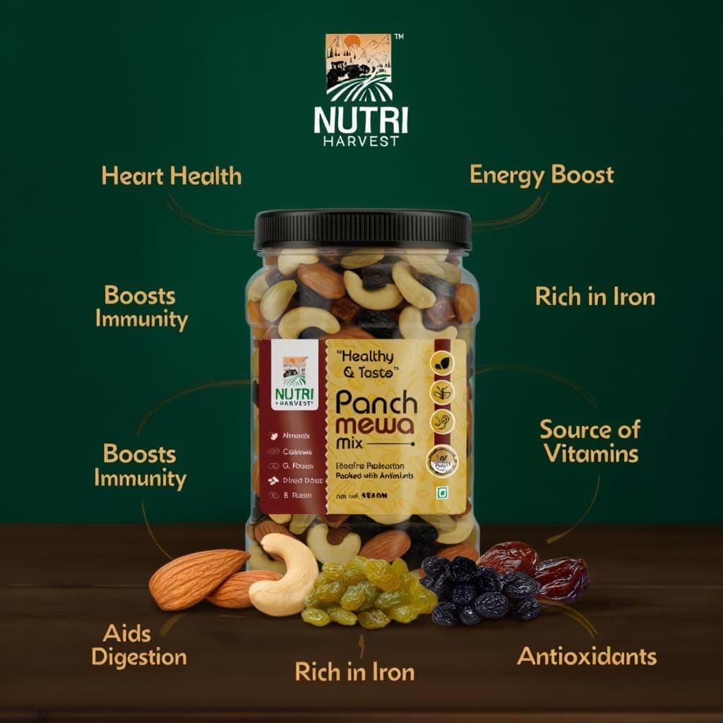 NUTRI HARVEST Premium Dry Fruits Mix pack (Panch Mewa Mix) , Natural Blend of Almonds, Cashews, Black and green Raisins and diced Dates| Fit for Fasting 2*250 (500gram)| (Re-sealable pack for freshness) — image 6