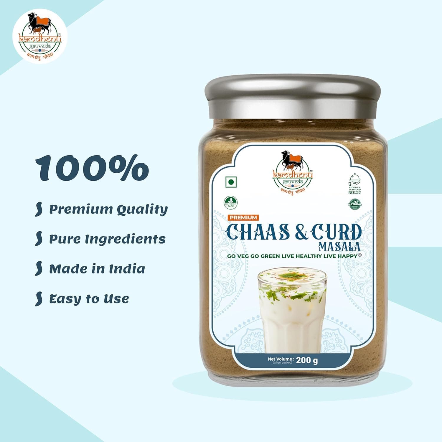 Kamdhenu Gauveda ChatPata Spice Masala | Blend With Natural Ingredients Cumin, Coriander, Pudina, Salt, Jeera | No Preservatives | No Onion No Garlic | Pack In Premium Organic Glass Jar With Steel Cap (Chaas & Curd Masala, 200g ) — image 5