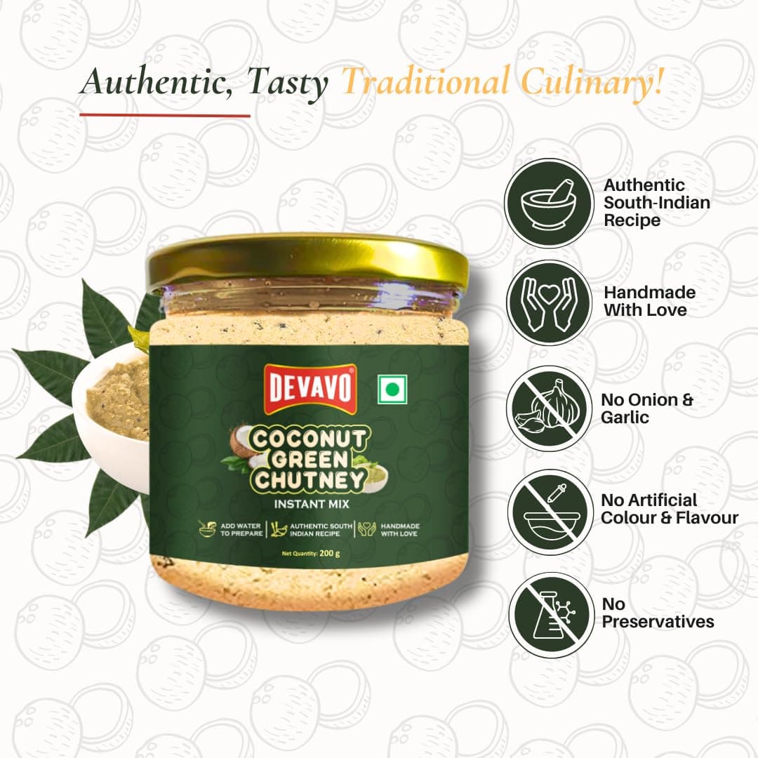 Devavo Coconut Green Chutney Powder | Just Add Water to Prepare | Authentic South Indian Recipe | No Onion & Garlic | No Artificial Colour & Flavour | No Preservatives (200 g) — image 3