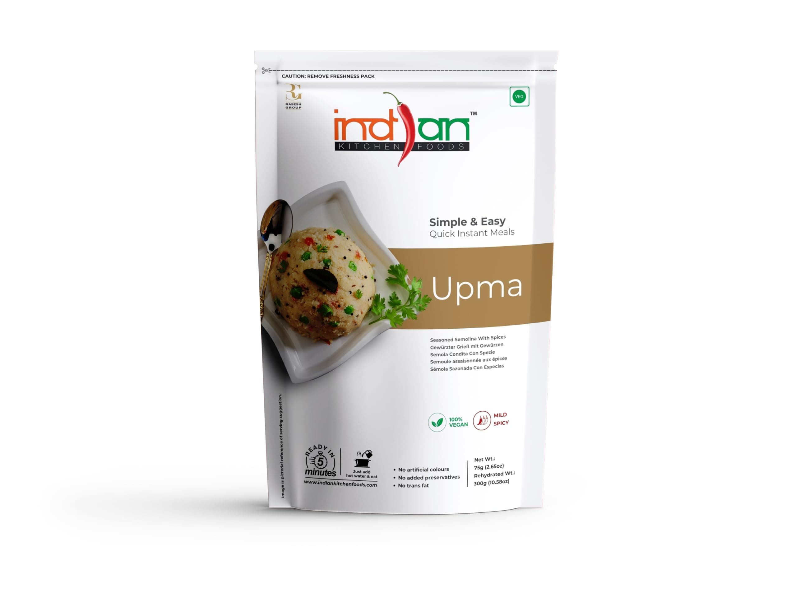 Indian Kitchen Foods Jain Upma - Freeze Dried Gourmet Indian Entree Ready-to-Eat | Instant Vegetarian/Vegan Meal, 220 gm