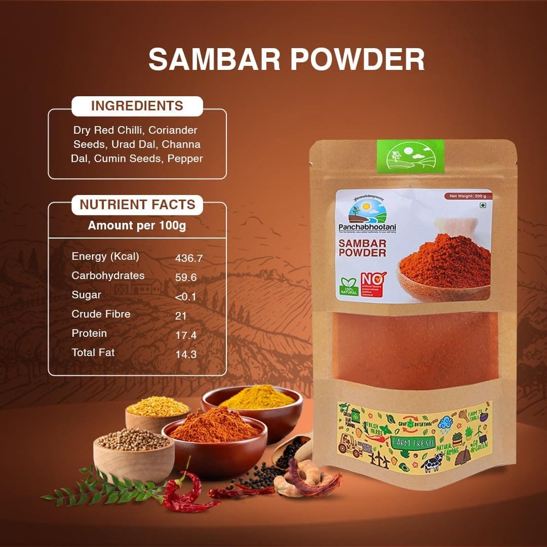 Panchabhootani Sambar Powder 100g | South Indian Authentic Flavour | Easy Digestion - Vegan | No Garlic | No Onion | Delicious Sambar At Home | No Preservatives (Small, 100.00, gram) — image 3