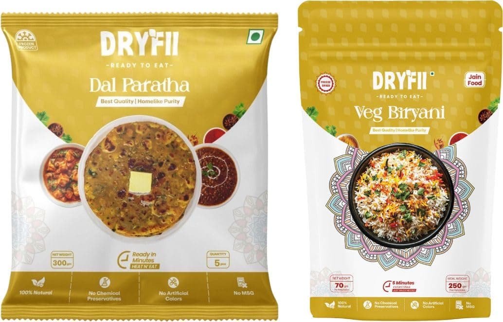 Dryfii Ready-to-Eat Dal Paratha (5 Pcs Parathas) with Jain Veg Biryani | Veg Combo Meal | Pure Vegetarian