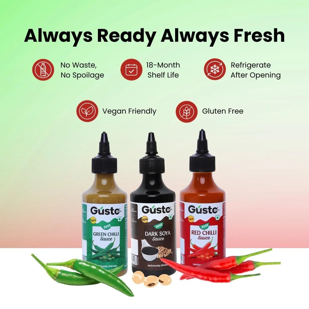Gusto Foods Chinese Sauces Combo | Red Chilli 200gm + Green Chilli 190gm + Soya Sauce 210gm | Asian Sauces Combo | Ideal for Fried Rice, Noodles, Paneer & Vegetables | No chopping or Prep needed — image 7