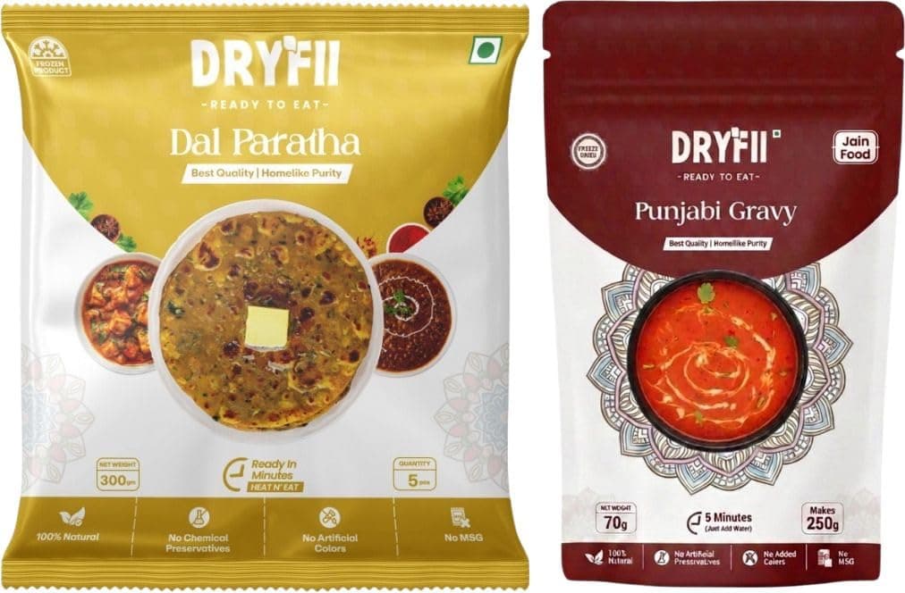 Dryfii Ready-to-Eat Dal Paratha (5 Pcs Parathas) with Jain Red Gravy | Veg Combo Meal | Pure Vegetarian