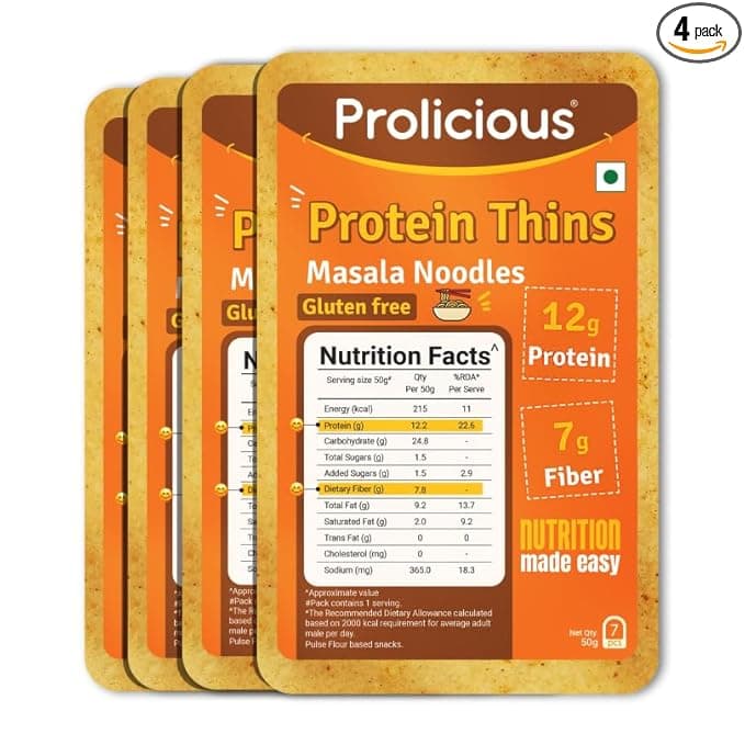 Prolicious High Protein & High Fiber Masala Nooodle Chips | Gluten Free | No Maida | Healthy Snack | Easy to Carry | Jain | 50g each, Pack of 4