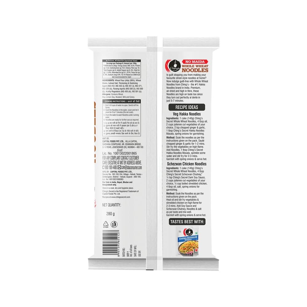 Ching’s Secret Whole Wheat Noodles 280g, No Maida, Air Dried/Not Fried, No Palm Oil, No MSG, High Fiber Atta Noodles (Serves 4) — image 4