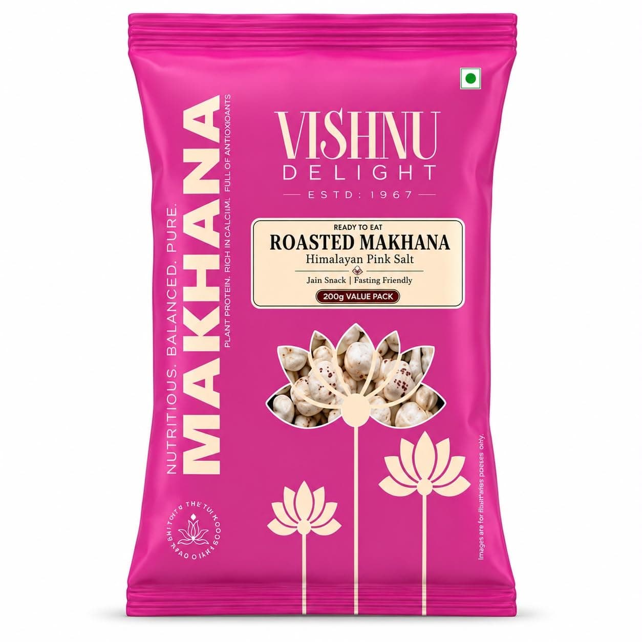 Vishnu Delight Roasted Makhana, Himalayan Pink Salt | Light & Crunchy Roasted Foxnuts (Phool Makhana) | Roasted Not Fried, Jain Friendly, Ready To Eat Snack | 200gm (Pack of 1)