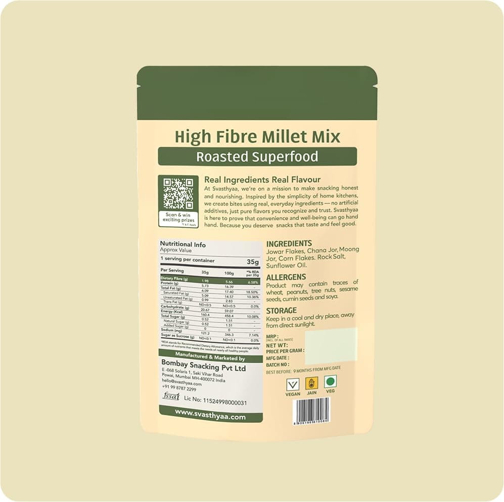 Svasthyaa High Fibre Millet Mix | Roasted Chivda Namkeen with Jowar, Chana Jor, Moong Jor & Corn Flakes | Healthy Ready to Eat, Sugar Free, Gluten Free, Diabetic Friendly Jain Snack | Protein Rich 220g - Pack of 1 — image 2