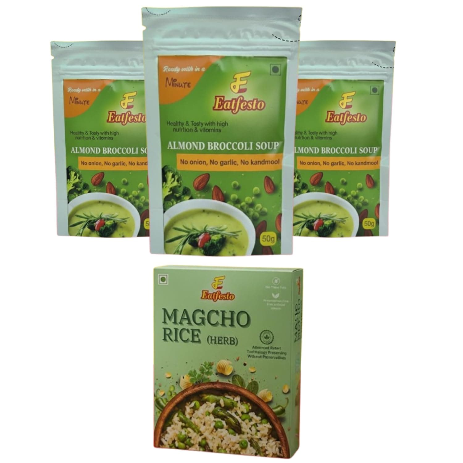 Eatfesto Almond Broccoli Soup | Healthy Instant Soup Mix | No Onion No Garlic | Jain Friendly | Ready in 1 Minute | High Nutrition & Vitamins | MAGCHO RICE (HERB) - Ready-to-Eat Flavourful Herb Pack Of 3 + 1 — image 2