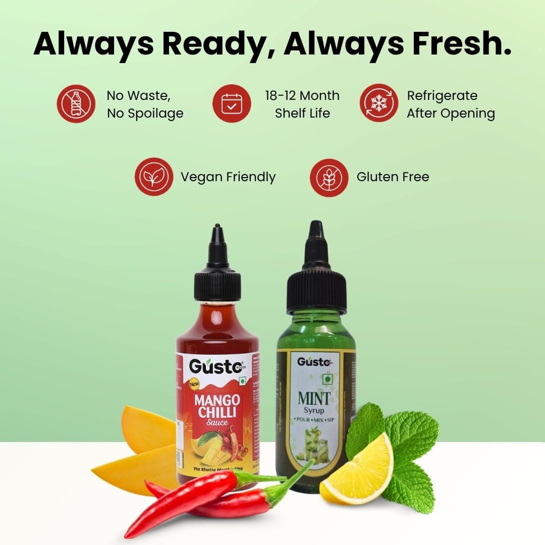 Gusto Foods Mango Chilli Mint Delight (Mango Chili + Mint Syrup) | Salad Dressing, Dipping Sauce & Seasoning | For Iced Teas, Mocktails, Cocktails Drinks, Juices | Refreshing Flavour Concentrate — image 7